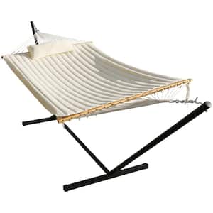 12 ft. Quilted 2-Person Hammock with Stand and Detachable Pillow, White