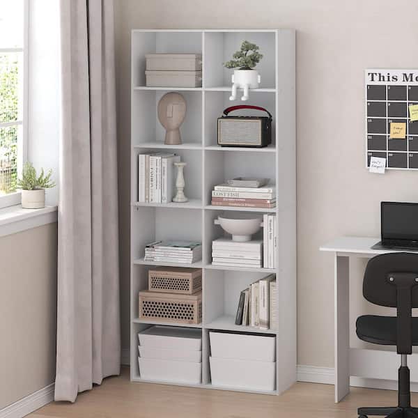 BASIC 70.87 in. Tall Plain White Wood 12-Shelf Bookcase
