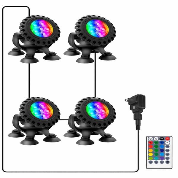 16-Color 4-Head RGB Submersible Pond Light Set with Remote, Timer and IP68 Waterproof Adjustable Heads