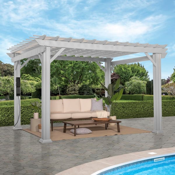 Hawthorne 12 ft. x 10 ft. White Steel Traditional Pergola with Sail Shade Soft Canopy