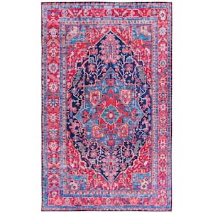 Tuscon Navy/Red 5 ft. x 8 ft. Machine Washable Border Floral Area Rug