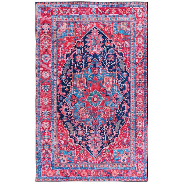 Tuscon Navy/Red 8 ft. x 10 ft. Machine Washable Border Floral Area Rug