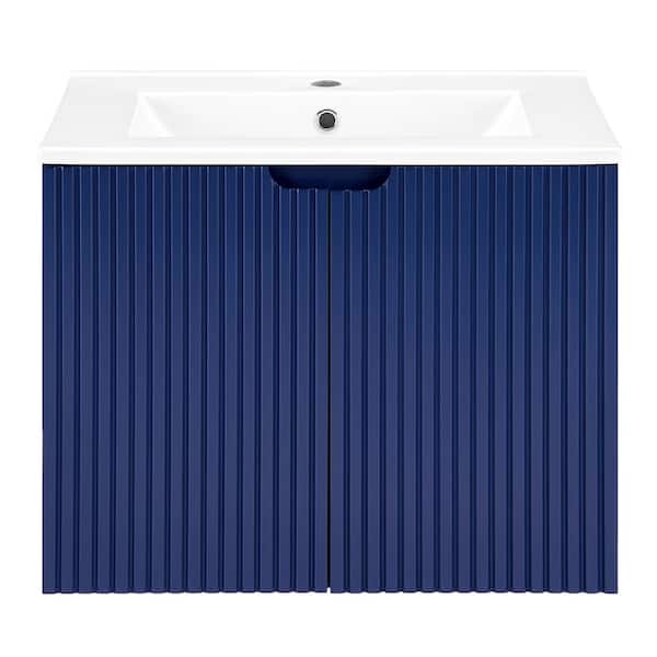 JimsMaison 24 in. W x 18 in. D x 19 in. H Single Sink Wall-Mounted Bath Vanity in Blue with White Ceramic Top