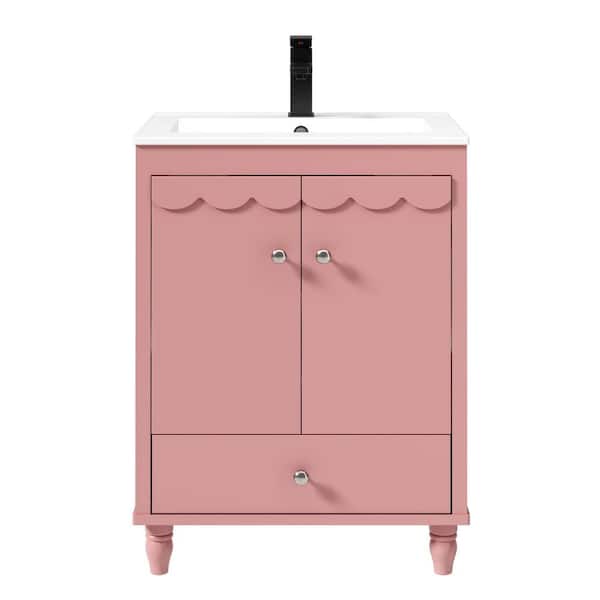 24 in. W x 18.3 in. D x 34 in. H Freestanding 1-Sink Bath Vanity in Pink with White Ceramic Top and Drain Faucet Set