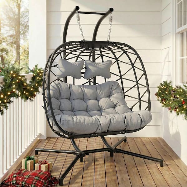 FINCATI Morden Charcoal Gray Wicker Double Seat Swing Chair With Black Stand and Light Grey Cushions