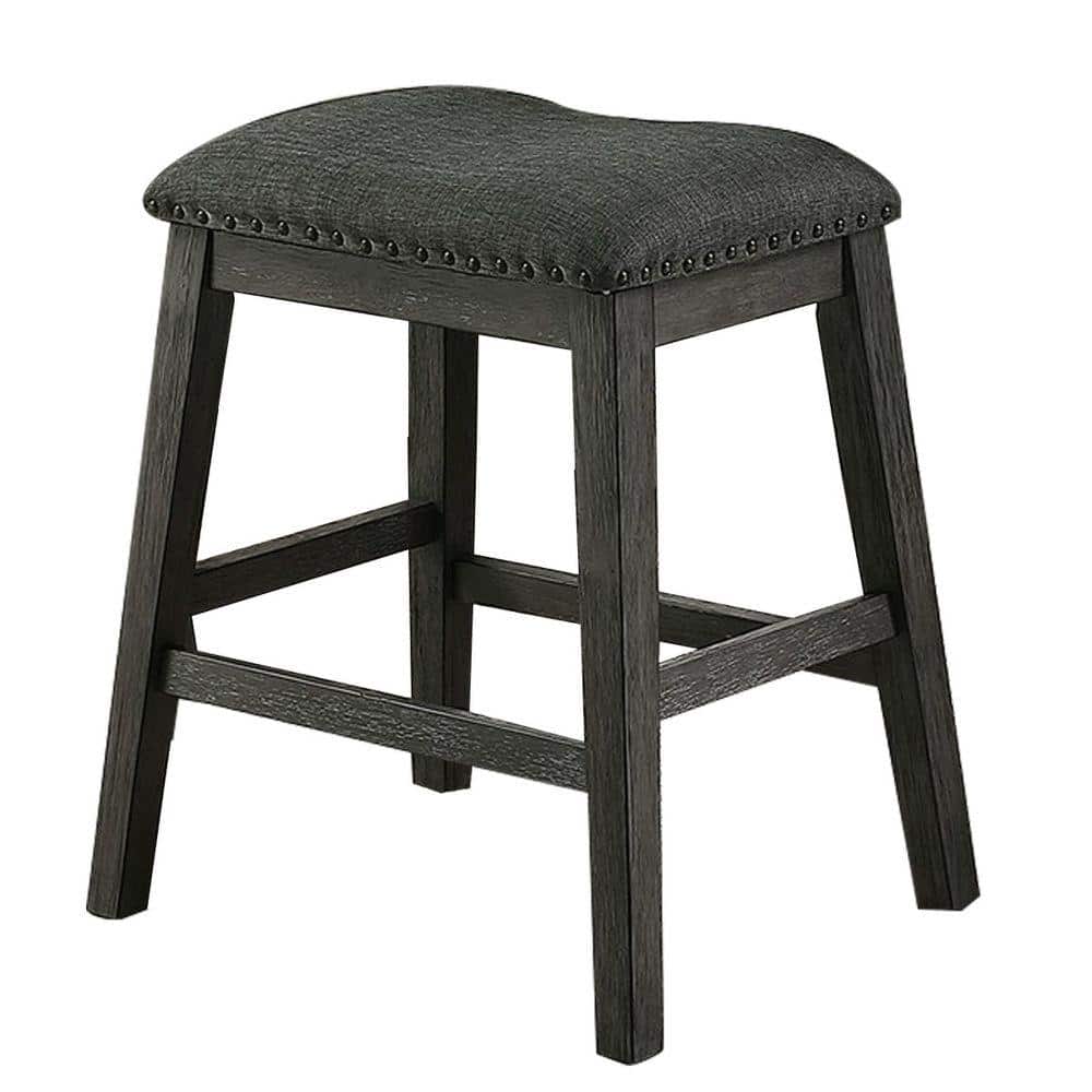 Gray Linen Upholstered Saddle Counter Stool with Nailhead Trim