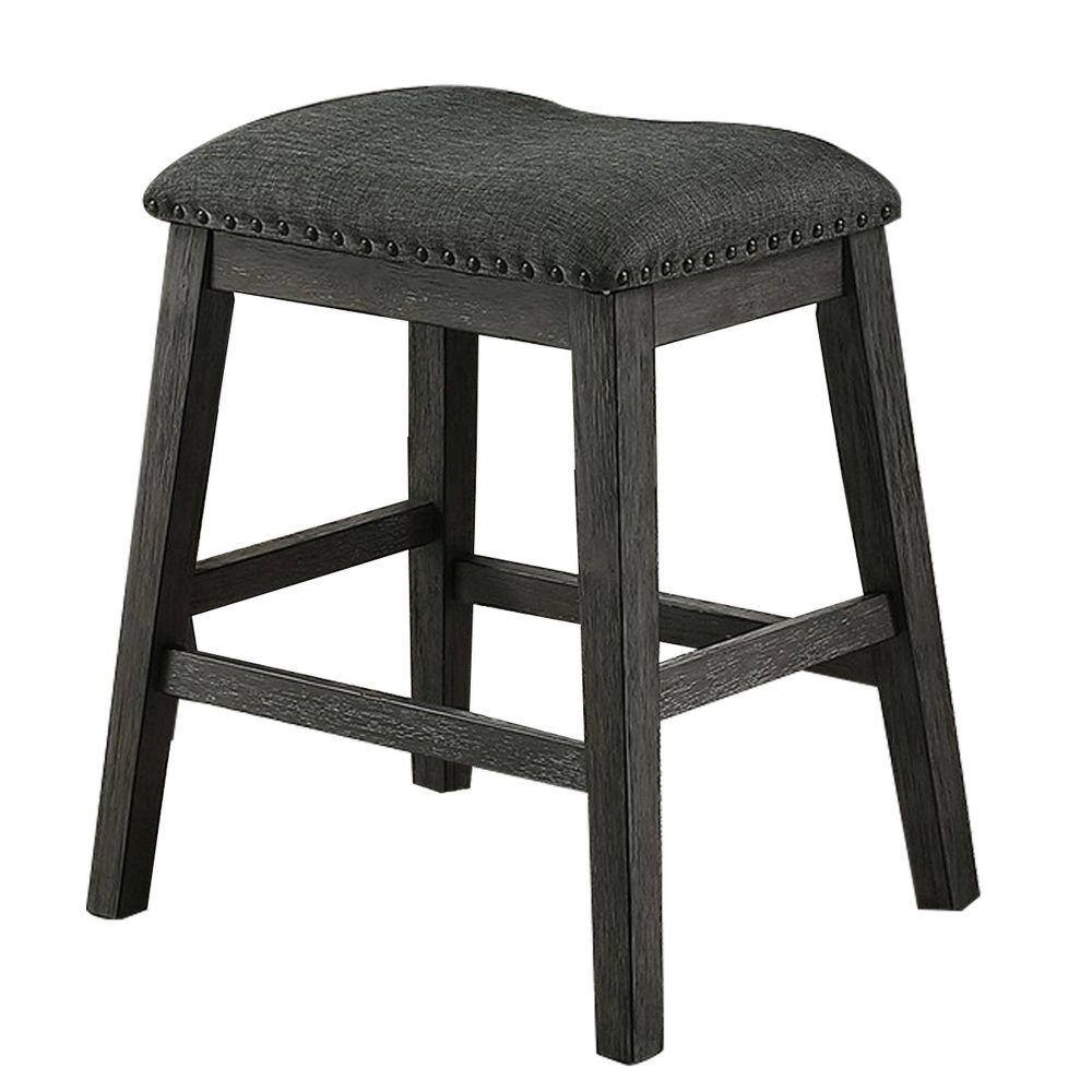 Gray Linen Upholstered Saddle Counter Stool with Nailhead Trim