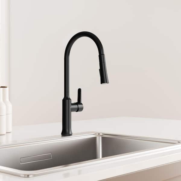 18 in. H Spout 360° Swivel Single Handle Pull Out 2-Sprayer Kitchen Faucet with Brass Rough-in Valve in Matte Black