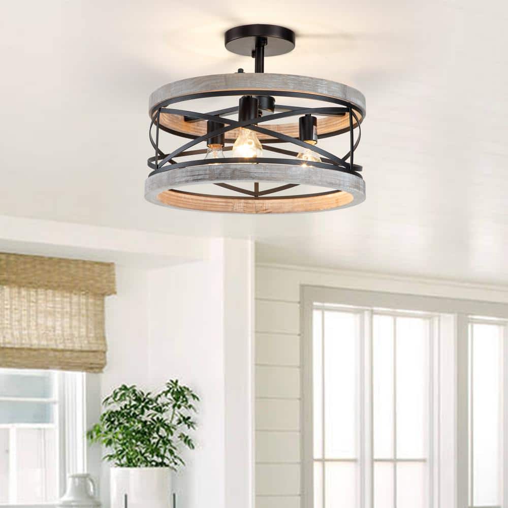 Black and Gray Wood Drum Farmhouse Semi-Flush Mount Ceiling Light