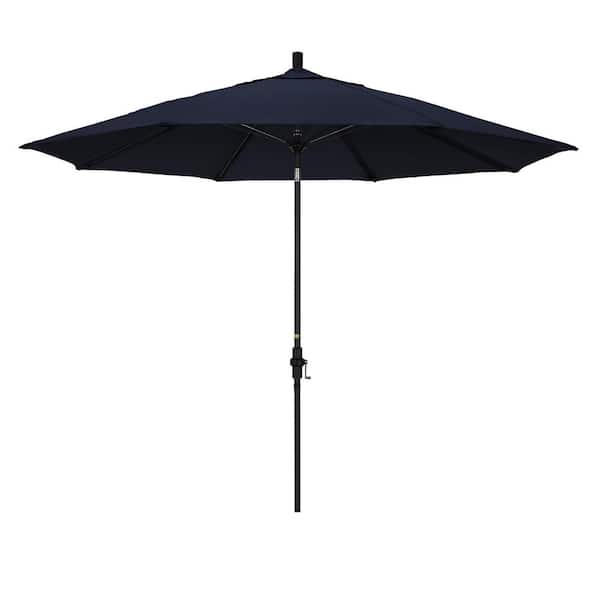 11 ft. Matted Black Aluminum Market Patio Umbrella Fiberglass Ribs Collar Tilt Crank Lift in Navy Blue Sunbrella