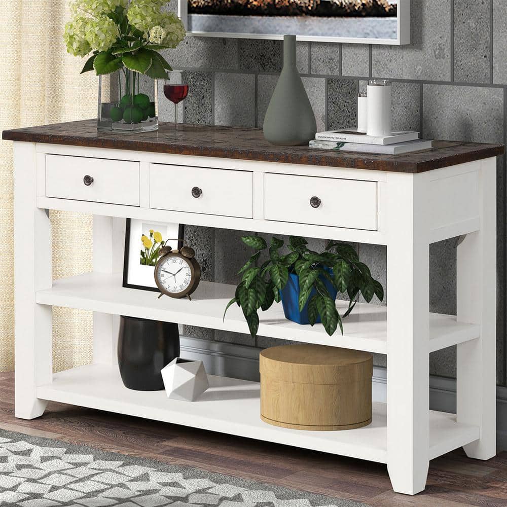 Antique White and Brown Wood Console Table with Storage