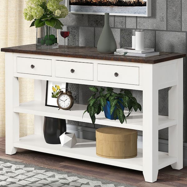 48 in. Solid Pine Wood Long Console Table, Entryway Sofa Table with 3-Drawers, 2 Open Shelves (Antique White Brown Top)