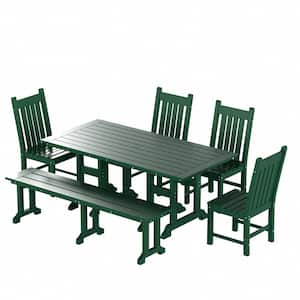 Hayes 6-Piece All Weather HDPE Plastic Rectangle Table Outdoor Patio Dining Set with Bench in Dark Green