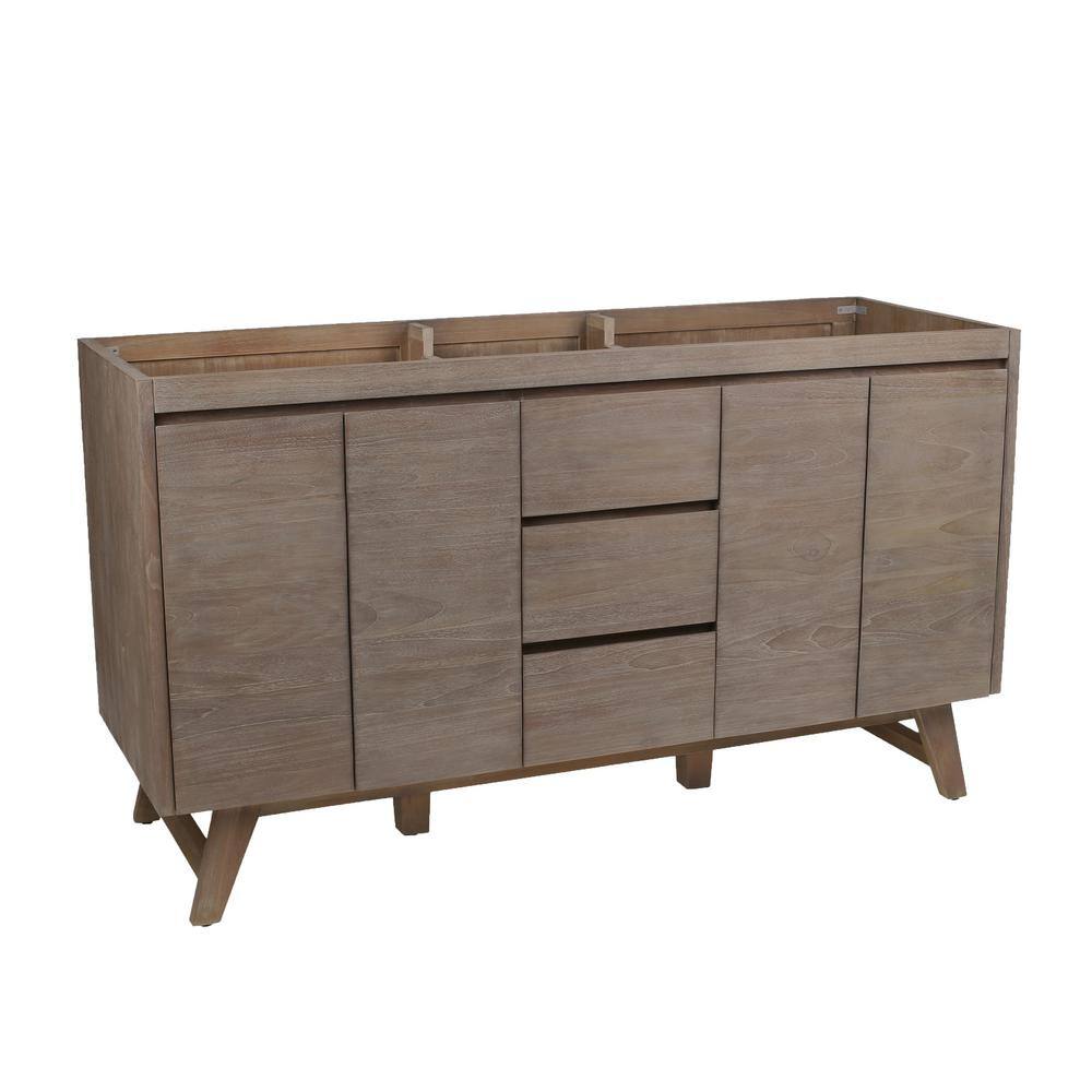 60-Inch Gray Teak Double Freestanding Vanity with Solid Wood Cabinet