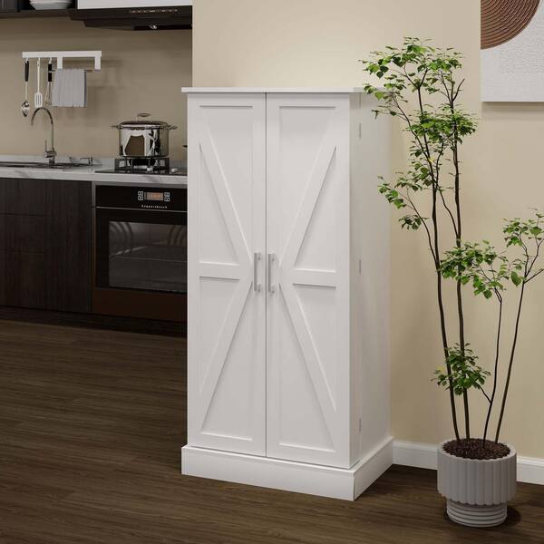 24 in. W x 16 in. D x 50 in. H in White MDF Ready to Assemble Floor Base Kitchen Cabinet with 2 Doors & Racks and LED