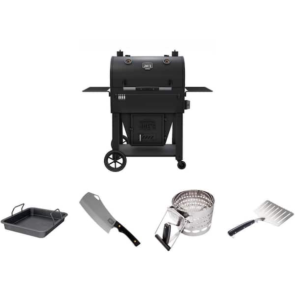 Marshal Centerbox Charcoal Smoker and Grill with Deep Dish Pan, Starter, Lifter, and Cleaver Knife Combo (5-Piece)