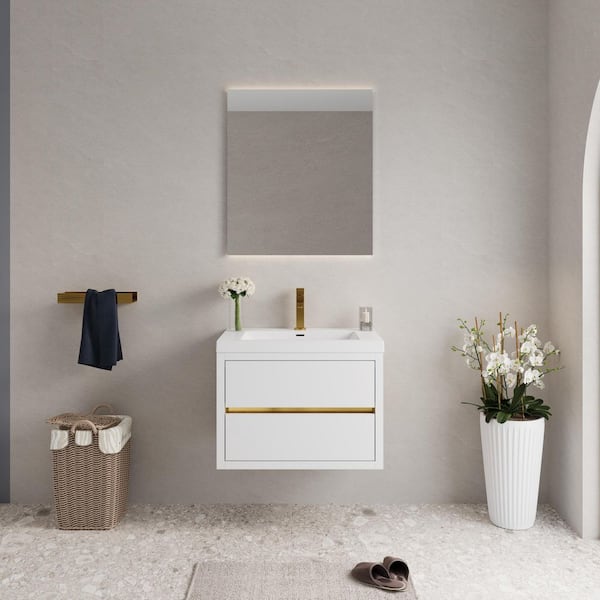 30 in. Single Sink Floating Wall-Mounted White Bath Vanity with Glossy White Stone Top Pre-assembled