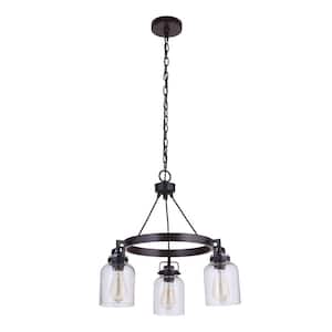 Foxwood 3-Light Flat Black/Dark Teak Finish with Clear Glass Chandelier for Kitchen/Dining/Foyer, No Bulbs Included
