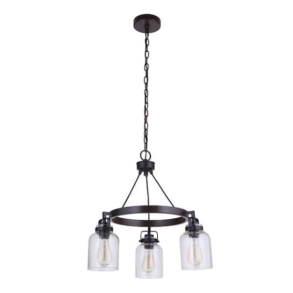 CRAFTMADE Foxwood 3-Light Flat Black/Dark Teak Finish with Clear Glass Chandelier for Kitchen/Dining/Foyer, No Bulbs Included