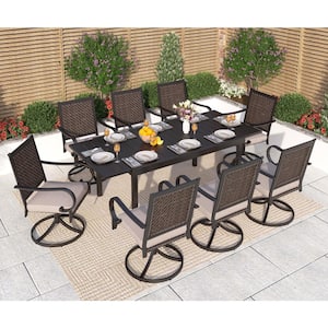 Black 9-Piece Metal Patio Outdoor Dining Set with Expandable Table and Rattan Swivel Chairs with Beige Cushion