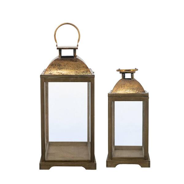 S/2 Large & Small Brown Fir Wood Candle Lantern Set with Clear