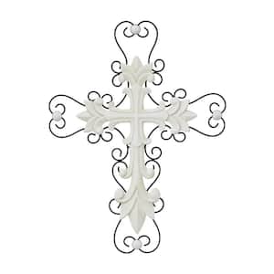 Wood White Carved Cross Cross Wall Decor with Metal Scrollwork