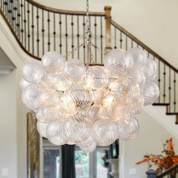 HUOKU Neuvy 8-Light 33 in. W Nickel Chandelier with Swirled-Glass Orb Cluster Bubble Ribbed Glass Chandelier for Living Room