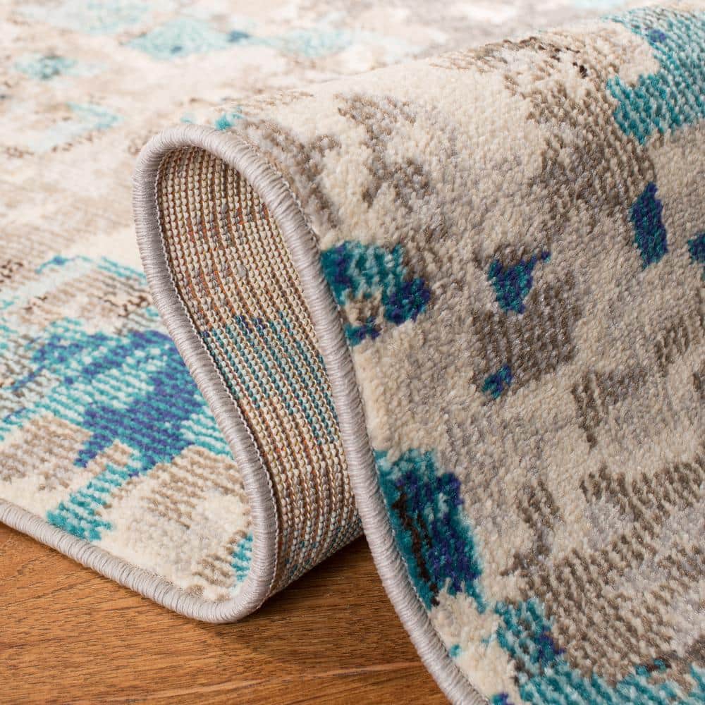 Grey and Blue Abstract Square Synthetic Area Rug