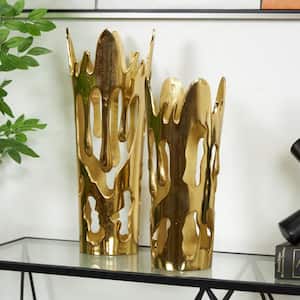 Gold Drip Aluminum Decorative Vase with Melting Designed Body (Set of 2)