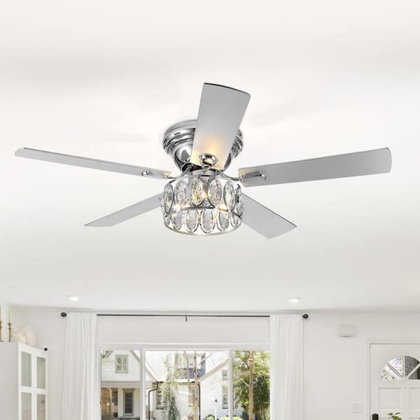 Breezary Jemore 52 in. Indoor Flush Mount Chrome Crysral Ceiling Fan with Light Kit and Remote Control Included