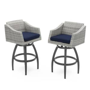 Cannes Swivel Wicker Outdoor Barstools with Sunbrella Navy Blue Cushions (2-Pack)
