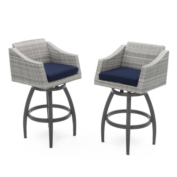 Cannes Swivel Wicker Outdoor Barstools with Sunbrella Navy Blue Cushions (2-Pack)