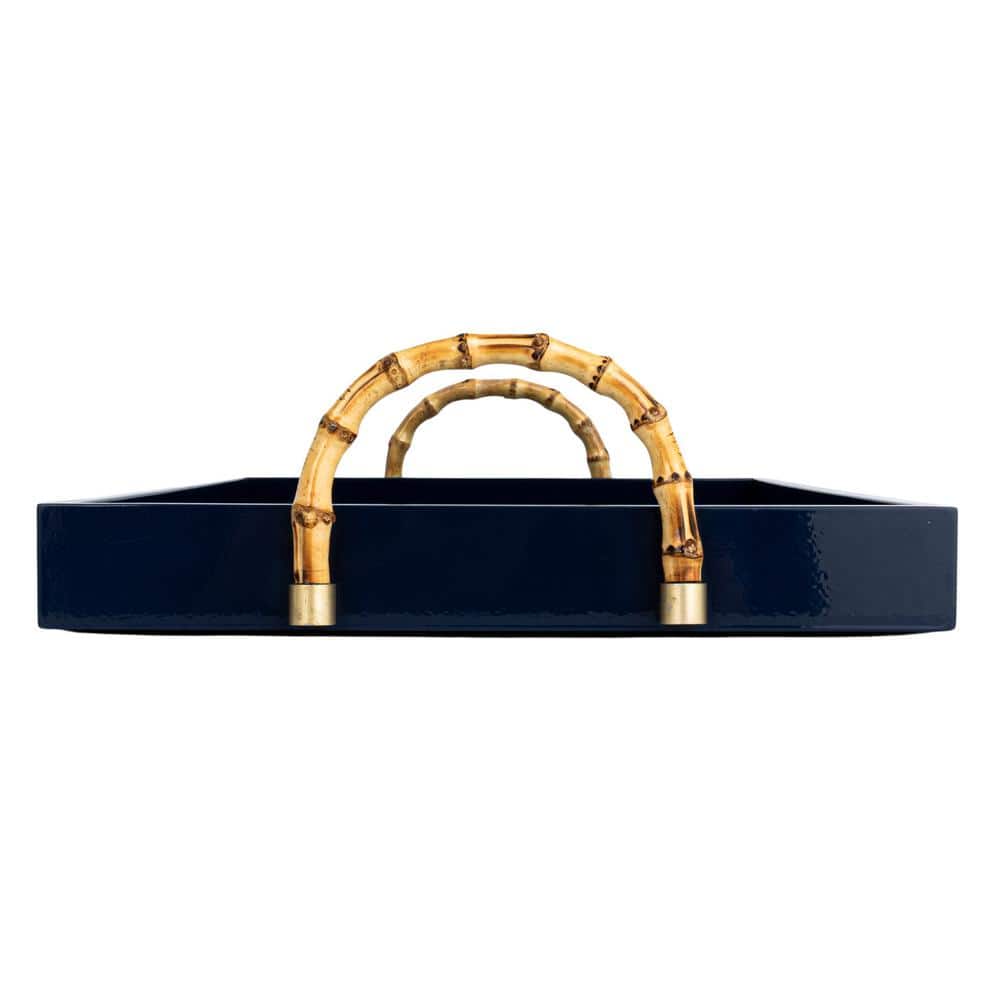 Navy Bamboo and Metal Coastal Serving Tray with Handles