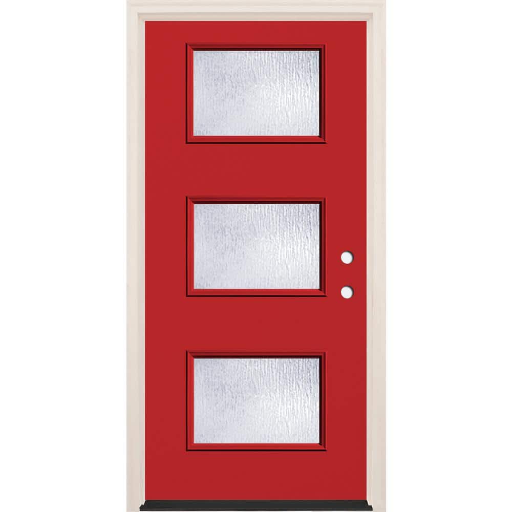 36 in. x 80 in. Left-Hand/Inswing 3 Lite Rain Glass Ruby Red Painted Fiberglass Prehung Front Door with 6-9/16 in. Frame price history on PriceWatchPro