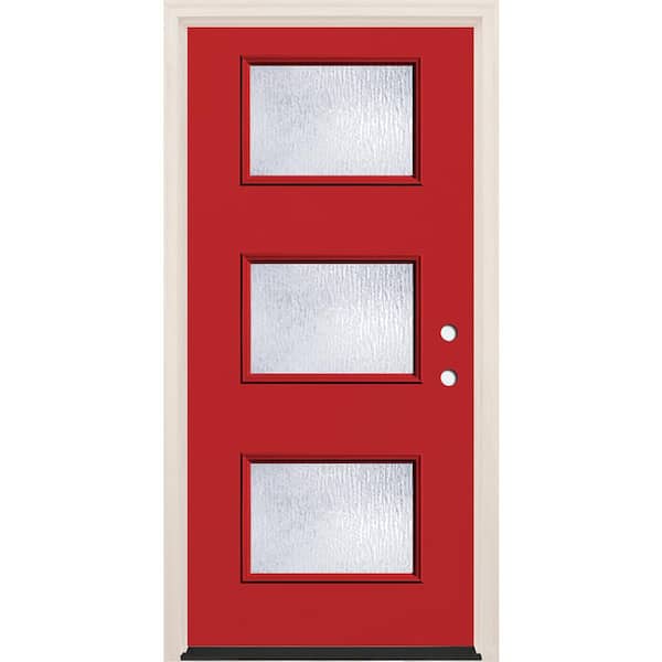 Builders Choice 36 in. x 80 in. Left-Hand/Inswing 3 Lite Rain Glass Ruby Red Painted Fiberglass Prehung Front Door with 6-9/16 in. Frame