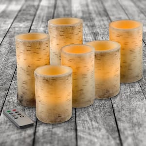 6-Pack Faux Birch Bark Battery Operated LED Candles with Remote and Flickering Light