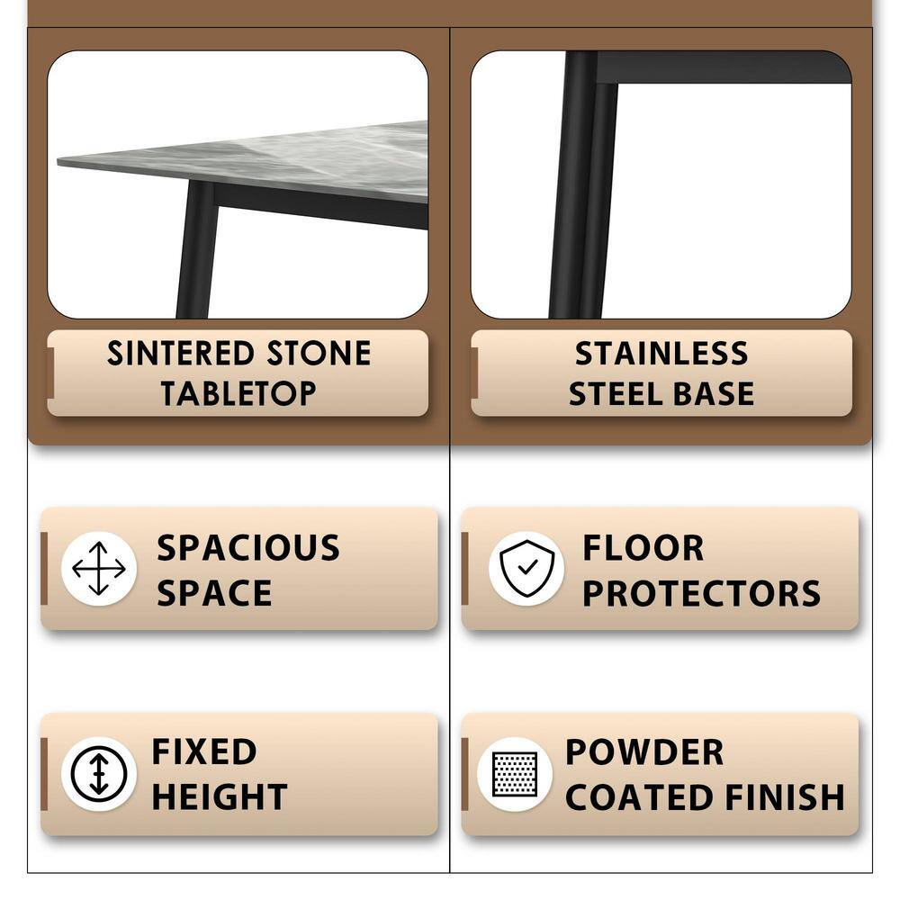 Light Grey Glass Rectangular Dining Table with Black Steel Legs