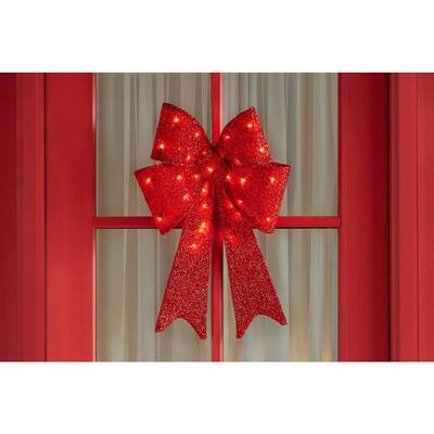 24 in Lighted Red Tinsel Bow Yard Sculpture