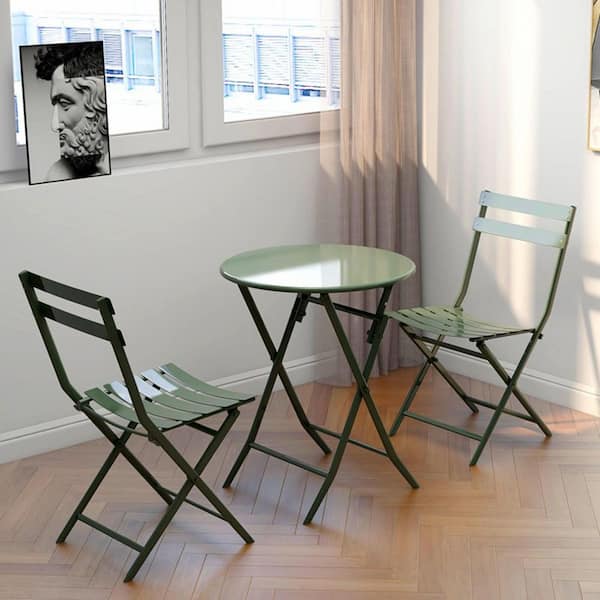 TUYOHW 3-Piece Folding Bistro Set, Metal Folding Table and 2-Chairs, Outdoor Bistro Set for Patio (Green)