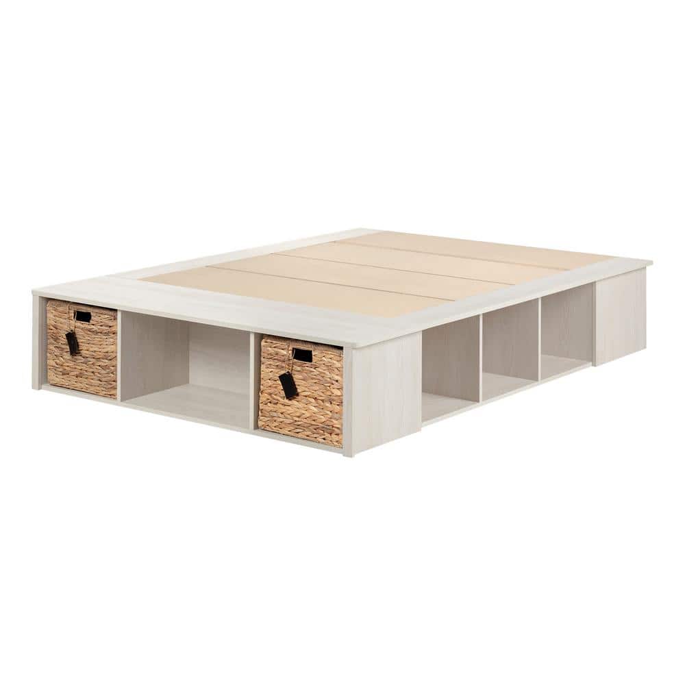 Full Winter Oak Upholstered Storage Bed with Rattan Baskets