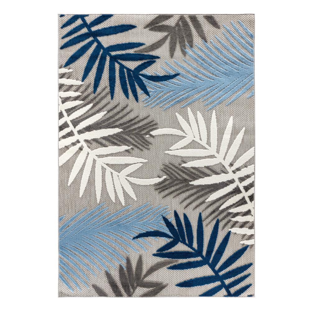 Evora Blue and Gray Palm Frond Indoor/Outdoor Area Rug