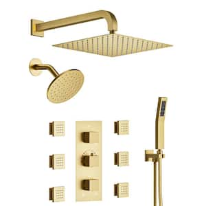 Thermostatic 8-Spray 12 and 6 in. Wall Mount Dual Shower Head and Handheld Shower Head 2.5 GPM w/6-Jets in Brushed Gold