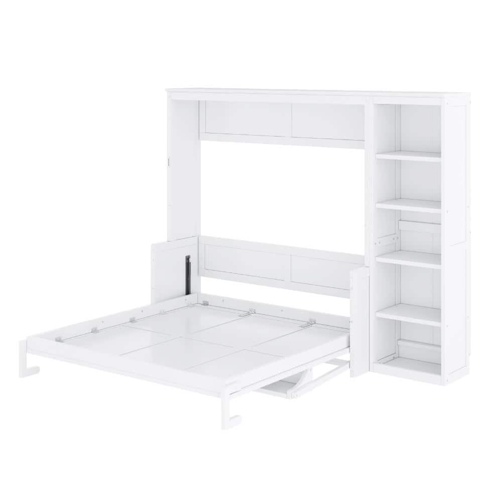 White Wood Frame Queen Murphy Bed with Desk and Bookshelf, No Spring Box Needed durable construction price history on PriceWatchPro