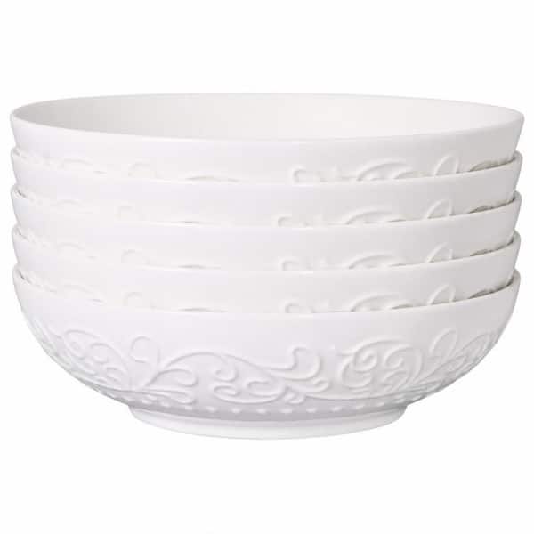 Classic, 32 fl. oz. Embossed Flower, White, Ceramic, Microwave Dishwasher Safe Kitchen Pasta Bowls, (Set of 4)