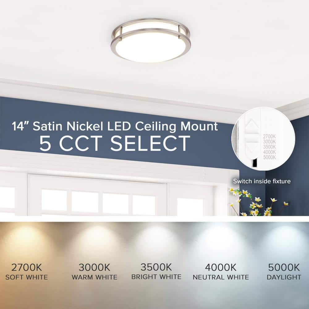 Satin Nickel 14" LED Flush Mount Ceiling Light, Dimmable, 2100 Lumens