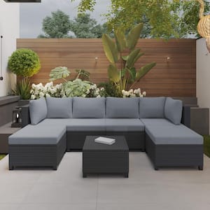 B2 Black Wicker Outdoor Sectional Set with Gray Cushions