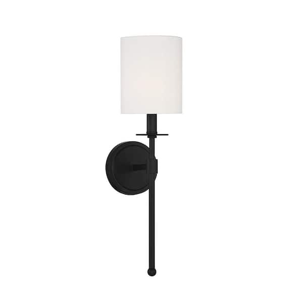 Savoy House 5 in. W x 20 in. H 1-Light Matte Black Wall Sconce with White Fabric Shade