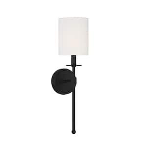 5 in. W x 20 in. H 1-Light Matte Black Wall Sconce with White Fabric Shade