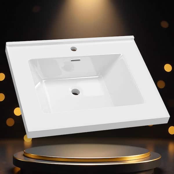 Ter 30 in. W x 22 in. D Solid Surface White Rectangular Single Sink Vanity Top with Backsplash & Basin 3 Hole Countertop