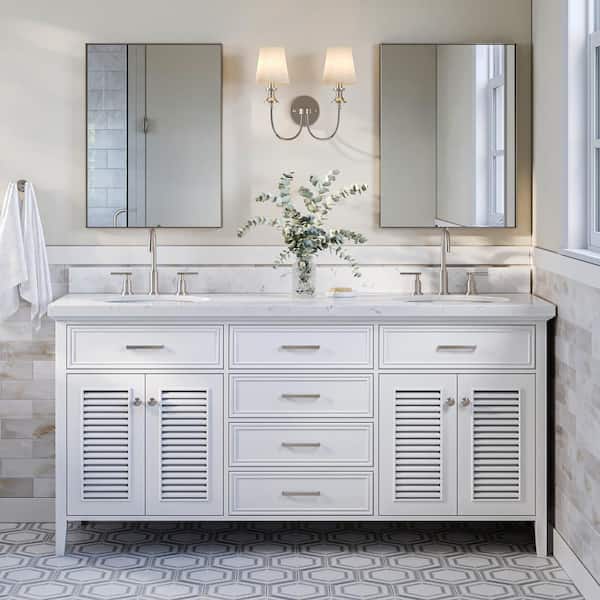 ARIEL Kensington 72.25 in. W x 22 in. D x 36 in. H Double Sink Freestanding Bath Vanity in White with Carrara White Quartz Top